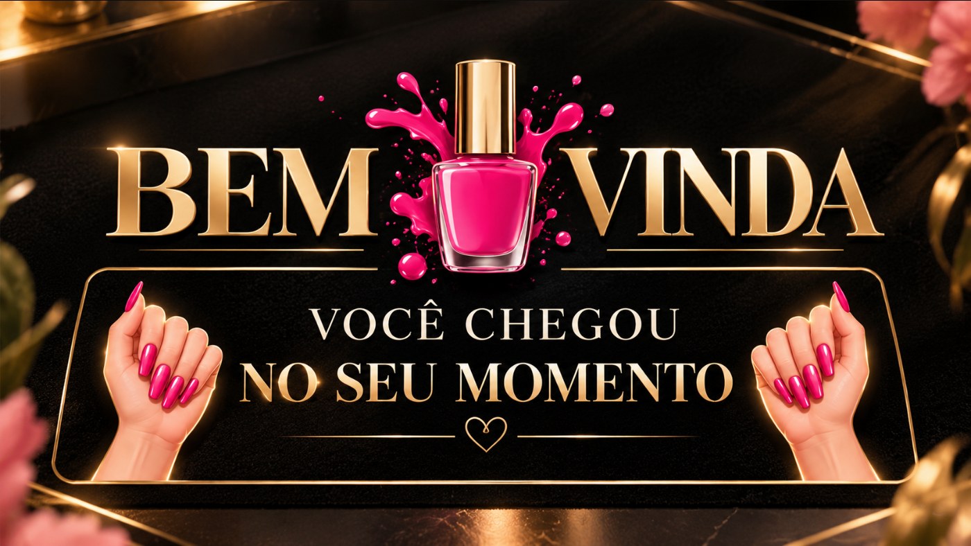 Campanha Bem-vinda: você chegou no seu momento. Esmalte rosa com detalhes dourados.