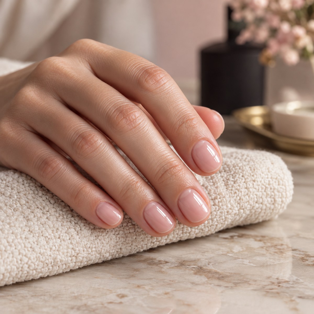 Unhas naturais curtas com brilho rosado sobre toalha